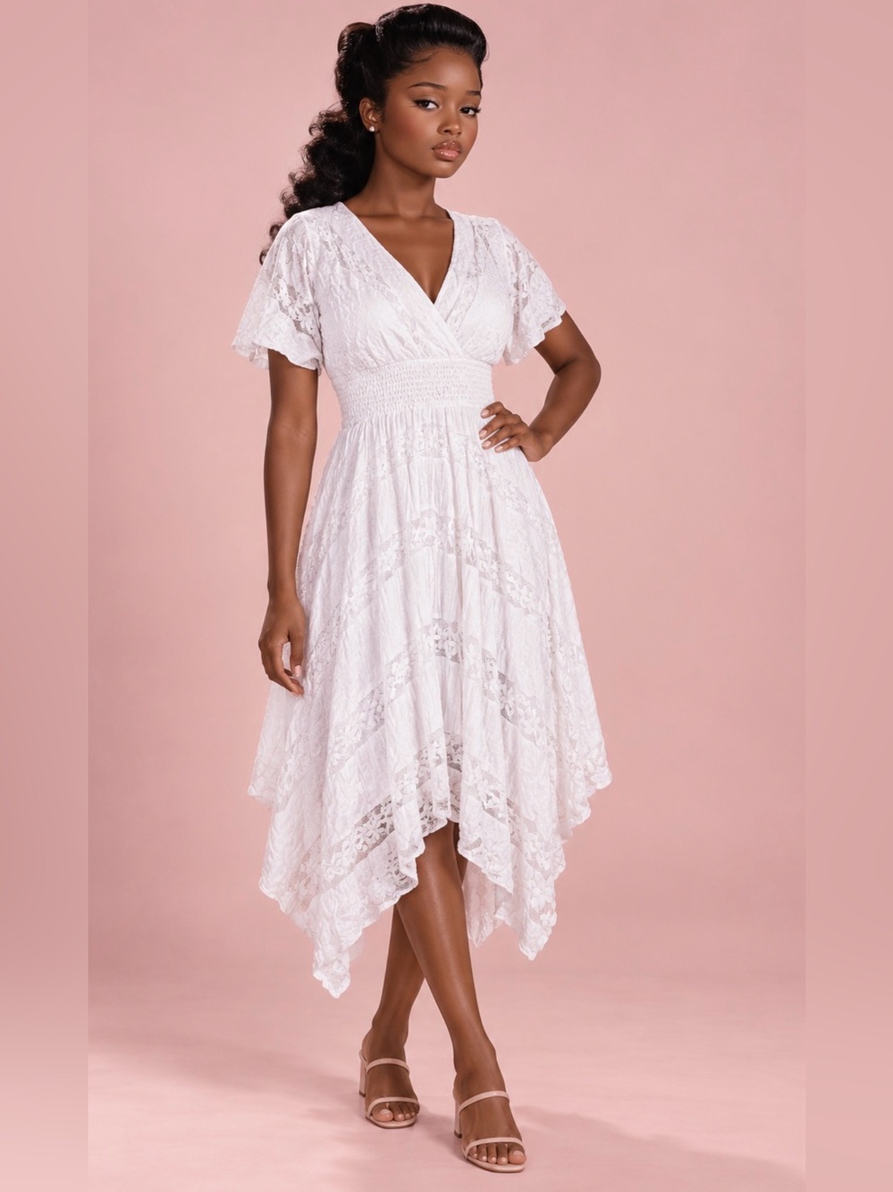 White Lace V-Neck Midi Dress
